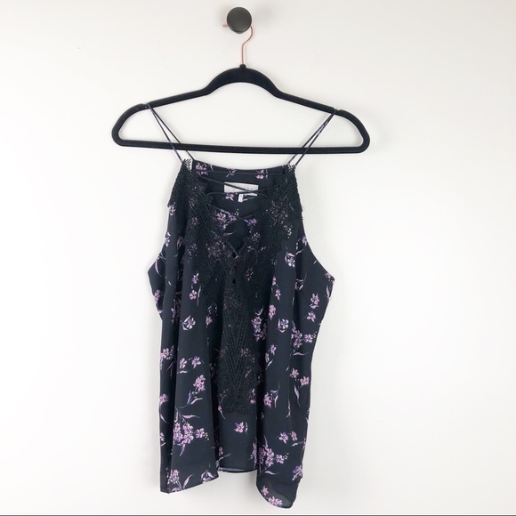 Wayf Tops - Wayf Cami Tank Top Black Purple Floral Size XL
